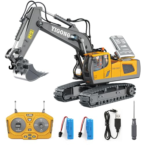 DUKUSEEK 1:20 Scale RC Excavator Mini RC Construction Models with 2 Rechargeable Batteries Light & Sound 9 Channel 2.4 GHz Remote RC Building Toy Gifts