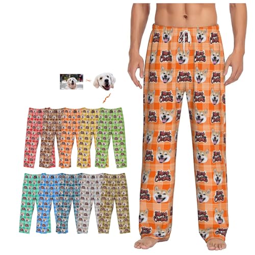 Custom Pajamas Pants Merry Christmas with Photo for Mens, Personalized Xmas Pj Bottoms Sleepwear Dog Pet Face Gifts for Women Husband