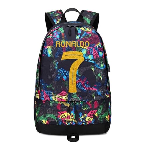 jogador de futebol estrela Cristiano Ronaldo armazenamento de bolas laptop mochila equipamentos esportivos depósito multifuncional estudante bolsa CR7 para homens (padrão vermelho 1)