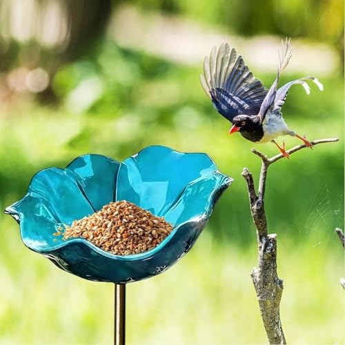 Handmade Metal Flower Garden Stake with Bee Bath & Bird Water Bowl β Decorative Outdoor Yard Art, Watering Station, Weather-Resistant Garden Decor (Blue,1Pcs) - 2
