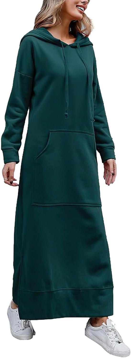 amropi Women's Casual Pullover Sweatshirt Long Sleeve Slit Hoodie Maxi Dress with Kangaroo Pocket