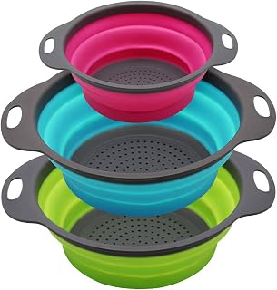 Qimh Collapsible Silicone Colander Set of 3 - 2x4 Quart & 1x2 Quart Space-Saving Kitchen Strainers for Pasta Veggies Fruits