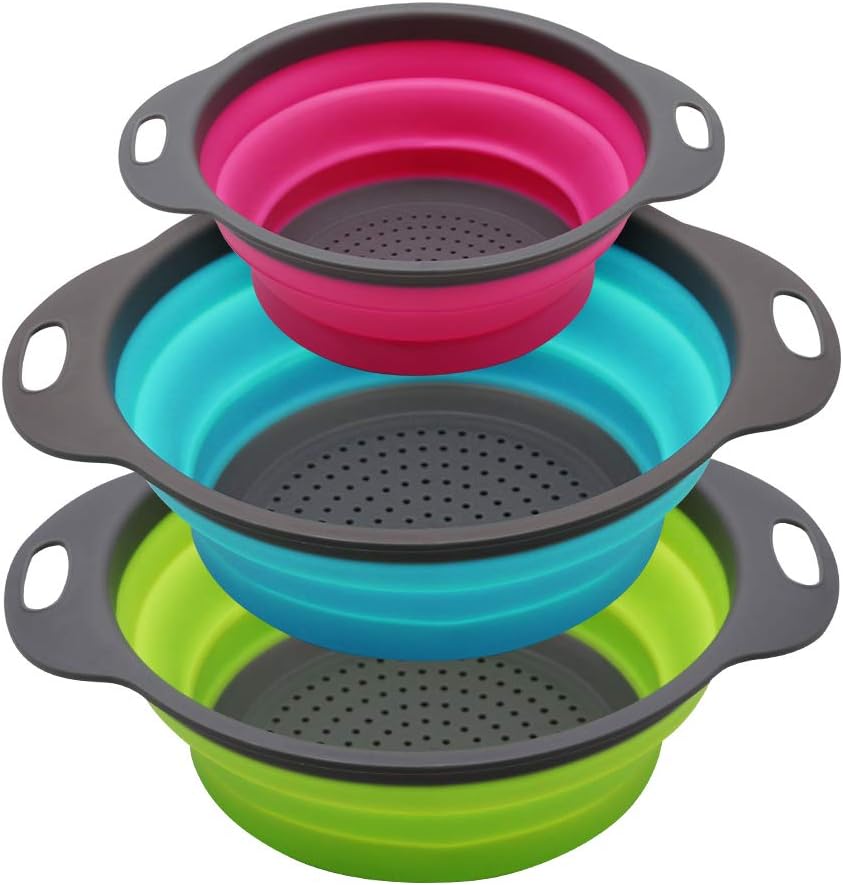Collapsible Colander Set of 3 Round Silicone Kitchen Strainer Set - 2 pcs 4 Quart and 1 pcs 2 Quart- Perfect for Draining Pasta, Vegetable and fruit (green,blue, purple)