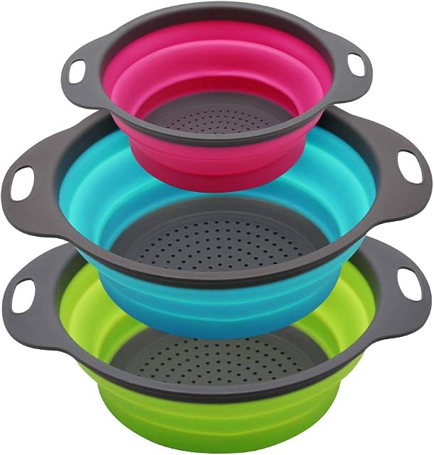 SKERITO Set of 3 Collapsible Kitchen Colander/Strainer, Two 4 One Piece-2 Quart,Perfect for Draining Pasta, Vegetable,Fruits (Green,Blue, Purple), polypropylene