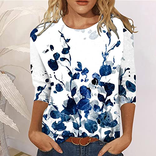 3/4 Sleeve Blouses For Women Casual Crewneck Floral Cute Shirts Trendy Three Quarter Lebgth Summer Tops Pullover #TOP1