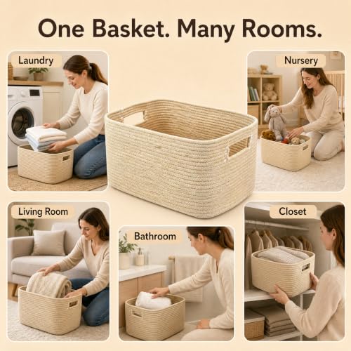 Image of 22.8GAL Xl Extra Large Laundry Basket for Bathroom, Dorm dirty Clothes, Sturdy Portable Aesthetic Boho Cute Woven Storage Shoes Blanket Baskets for Living Room Decor Girls Boys Pets Toys Oatmeal