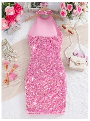 SweatyRocks Girl's Sparkly Sequin Halter Dress Ruched Sleeveless Bodycon Party Dresses2