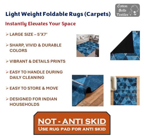 Image of Cotton Bolls Textiles Rugs for Living Room 5x7 Feet Large Size | Lightweight Foldable Carpet for Bedroom & Hall | Easy to Handle During Daily Cleaning | Travel Friendly Printed Rug | Blue