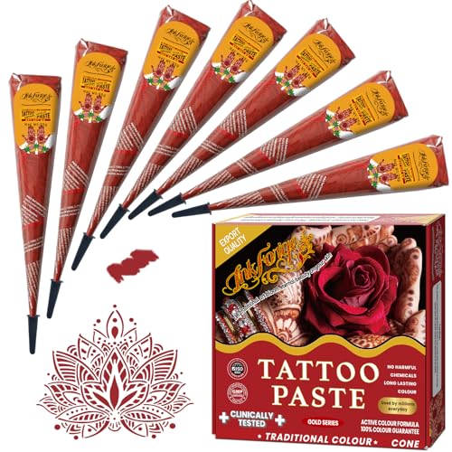 7 Pcs Temporary Tattoo Cone Kit Cherry Red Tattoo Cones with Natural Vibrant Color India Body Art Skin Paint Tattoos Paste for Women Men & Teens Perfect for Festivals Party & Gifts