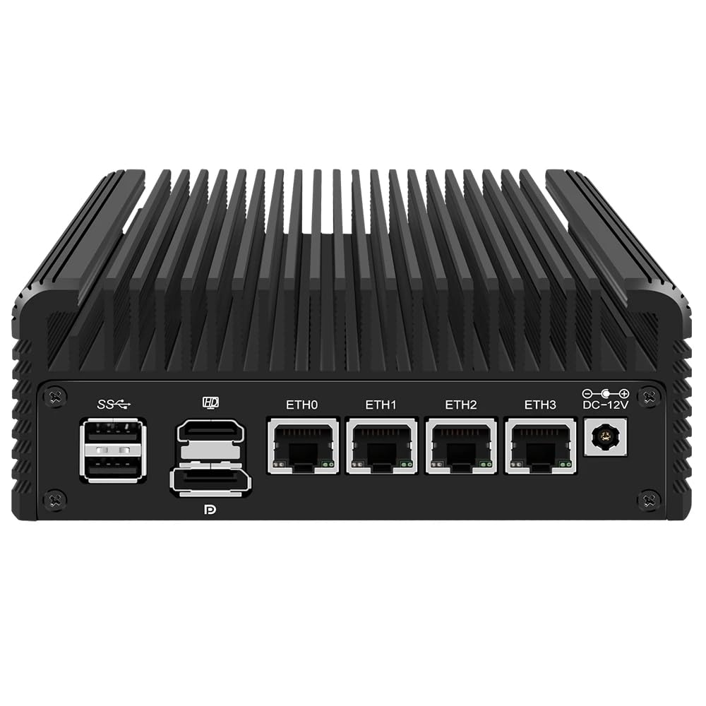 Firewall Mini PC Quad Core N150 Barebone, hardware de computadora sin ventilador, dispositivo de micro enrutador con 4xI226-V 2.5GbE LAN, DDR5 M.2 NVMe x4/SATA3.0, WiFi6, compatible con oficina en