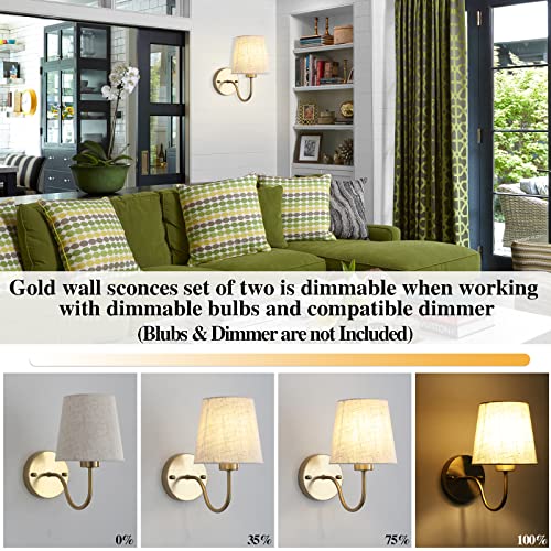 Image of LASENCHOO Gold Wall Sconce, 1 Pack Modern Sconces Wall Lighting Vintage Wall Light Fixtures with Fabric Lampshade, Bedside Wall Lamp for Bedroom Living Room Hallway Entryway, E26 Bulb (No Include)