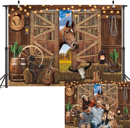 PGSWEER 7x5ft Western Cowboy Backdrop Western Rodeo Party Background Wild Rustic Wooden Barn Backdrops Door Horse Boy Girl Birthday Photo Shoot Props