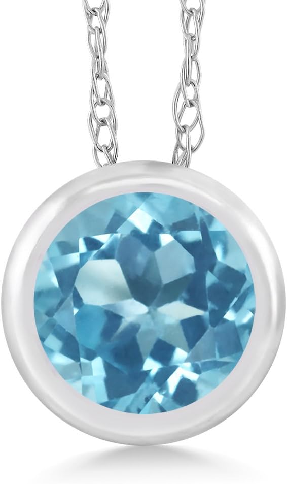 Gem Stone King 14K White Gold Swiss Blue Topaz Pendant Necklace For Women (0.60 Cttw, Gemstone November Birthstone, Round 5MM, with 18 Inch Chain)