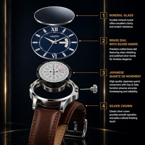 Matrix Antique Day & Date Leather Strap Analog Watch - Blue - Brown - Image 6