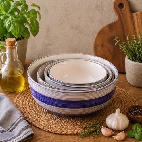 Image of Ceramic Mixing Bowl Set - 4 Pieces (1500ml, 800ml, 600ml, 400ml), Monsoon - Durable, Microwave & Dishwasher Safe - Ideal for Mixing, Serving & Storage