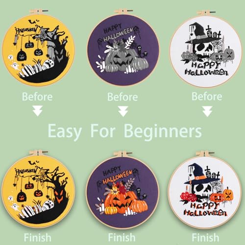 Image of Ohcol 3 Sets Halloween Embroidery Kit,Needlepoint Kits for Adults with Clear Instructions