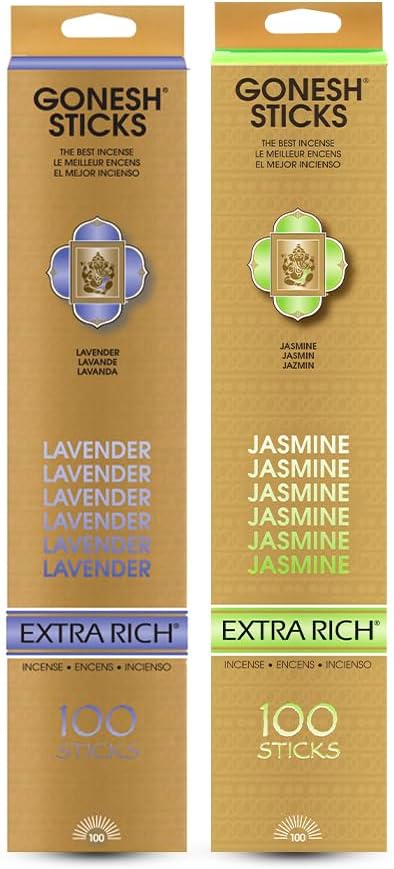 Gonesh - Extra Rich Scented Incense Sticks Bundle - Non-Toxic 10” Slow Burn Aromatic Sticks - Lavender & Jasmine - 100 Sticks Each