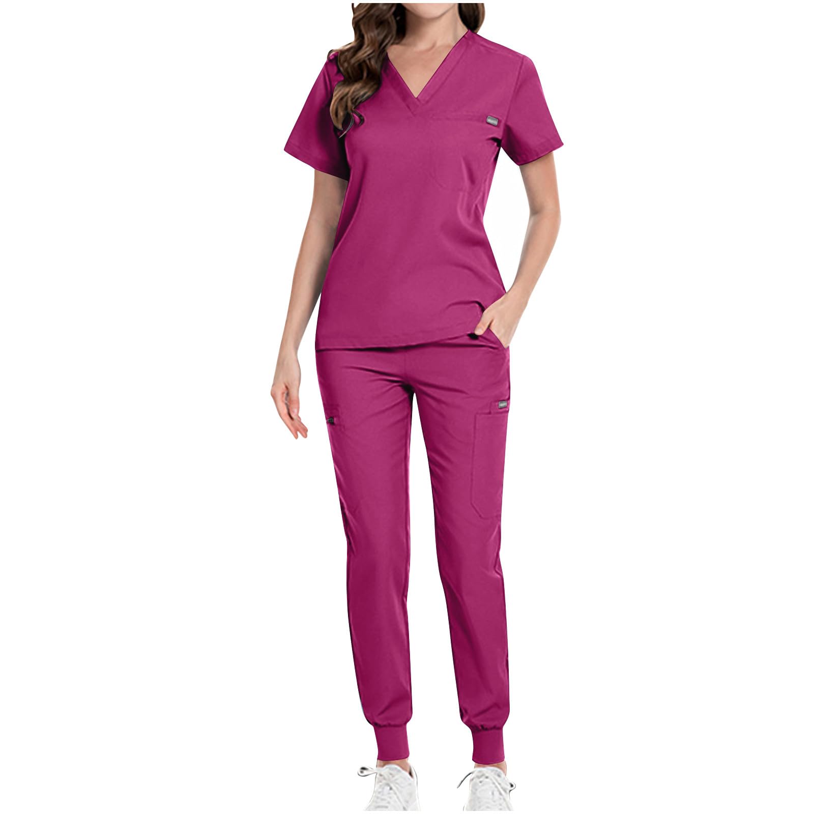 HAOLEI Uniformes Sanitarios Mujer Médico Mono Conjunto Cuello en V Camiseta de Manga Corta con Bolsillo Pantalones de Secado Rápido Ropa de Enfermera Profesional Uniforme Estetica Mujer
