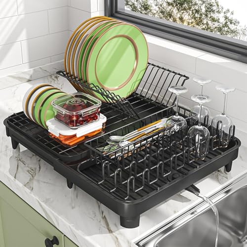 Dish Drying Rack for Kitchen Counter Carbon Steel Large Capacity Dish Drainer with Drainboard Adjustable Spout Dish Strainers Utensil Holder and Cup Holder Black