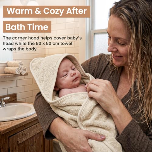Image of 100% Organic Cotton Woven Hooded Baby Towels Absorbent 31x31 in | Oeko-TEX Certified, Bath & Hooded Towels, Baby Bath Towels, Hooded Towels For Kids, Ivory, Unisex Design, Soft plush feel