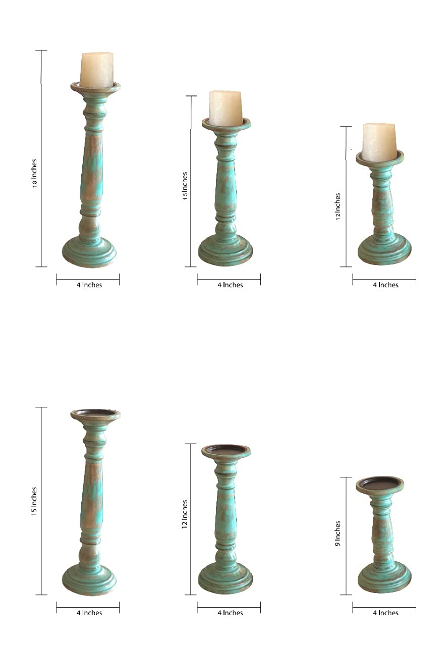 THE RAAVYA Handcrafted Wooden Pillar Candle Stand Set of 3 (15, 12 & 9 Inch) Antique Green Distressed Finish Decorative Candle Holders for Living Room Décor, Cozy Ambience & Luxury Home Styling Use 1