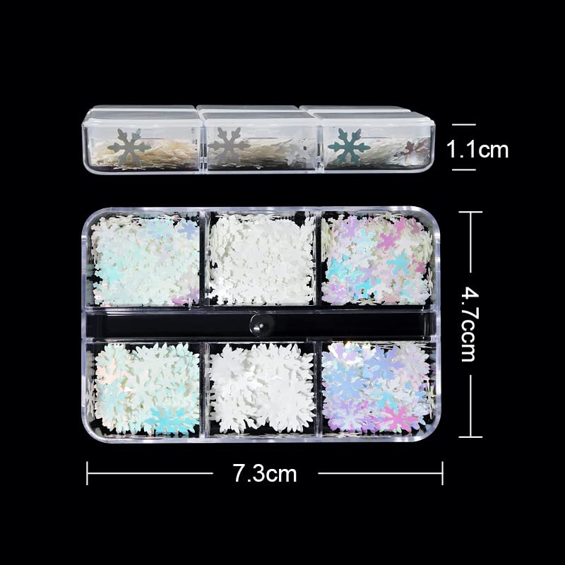 Christmas Nail Glitter Sequins - 6 Grids Snowflake Designs Nail Art Accessories, White Laser Powder Decorations and Decals