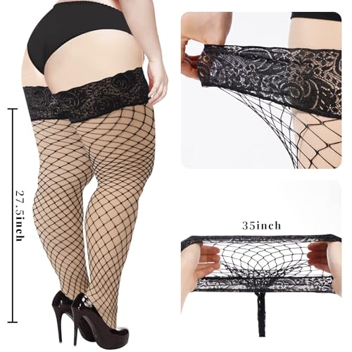 Moon Wood Plus Size Fishnet Stockings Womens Sheer Silicone Lace Top Stay Up Lingerie Fishnets Thigh Highs Stockings2