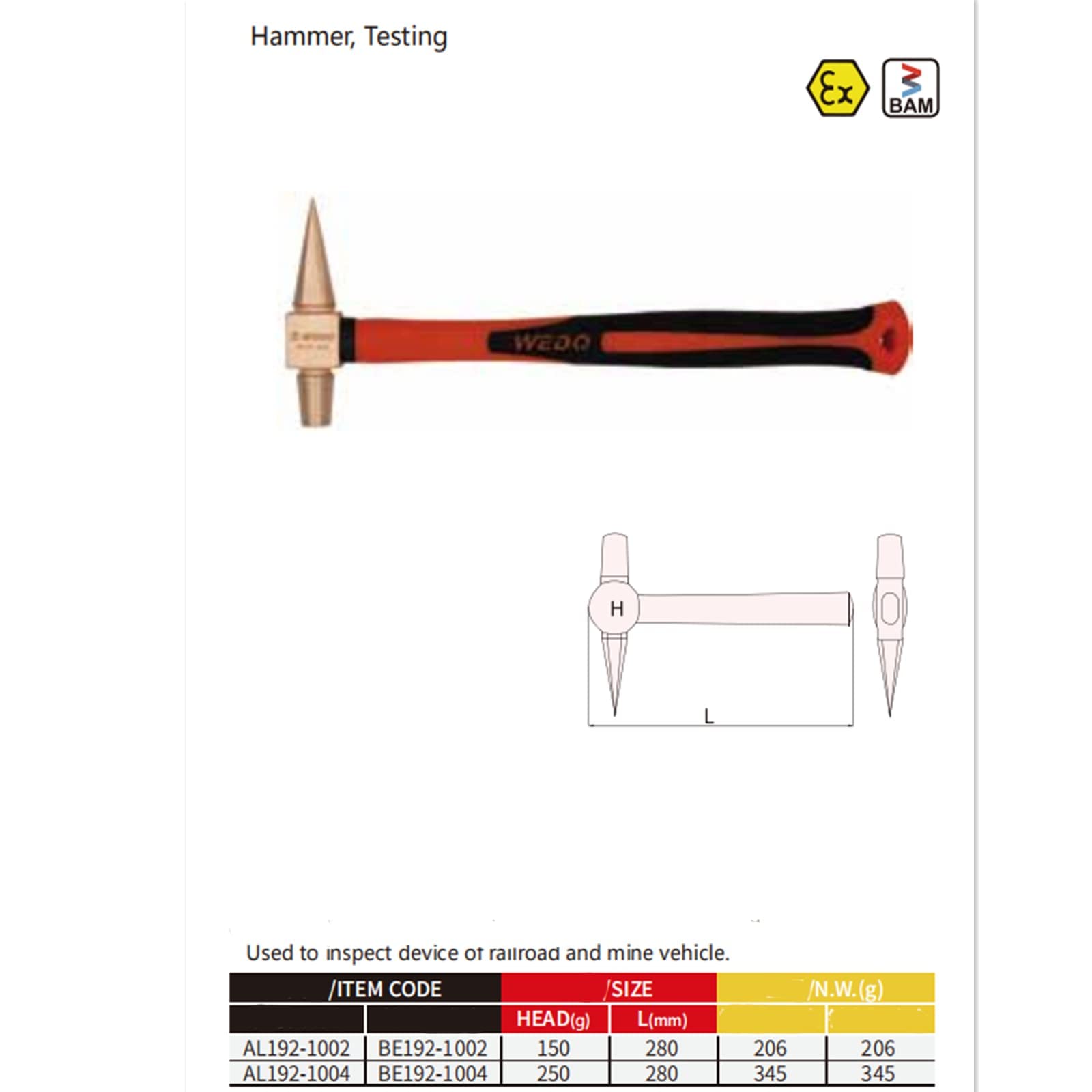 WEDO Martillo de prueba no parpadeante, sin chispas, Martillo de Inercia, mango de fibra de vidrio, no magnético, cobre de berilio, norma DIN, certificado BAM/FM, 280 mm, 250 g