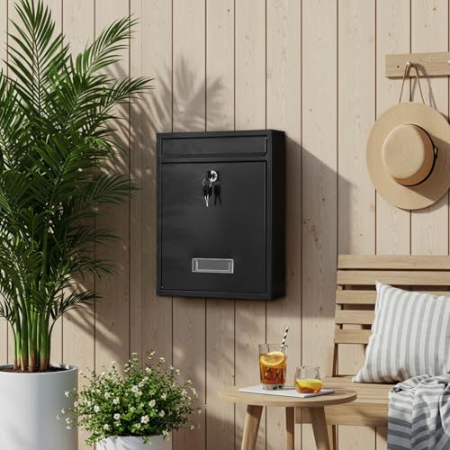 Image of Yaocom Wall Mount Mailboxes for Outside 13.8 x 9.5 x 3.3 Inches Large Vertical Mailbox with Key Locking Outdoor Metal Steel Mail Drop Security Hanging Secure Postbox for Home Office School, Black