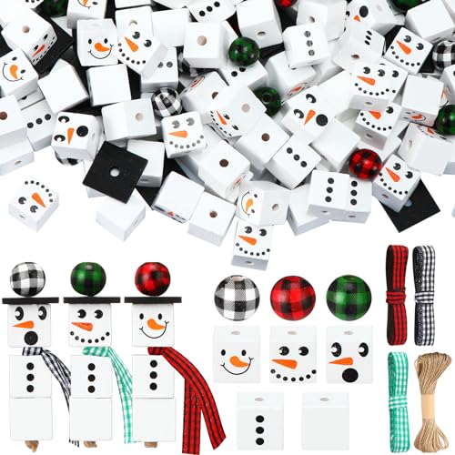 Huwena 300 Pcs Winter Snowman Wooden Beads for Crafts Christmas