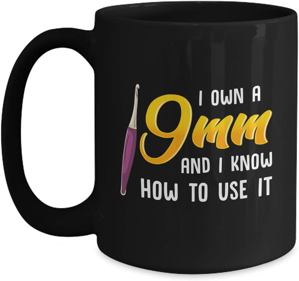 Funny Crochet Coffee Mug - 9mm Hook Joke Design - 11oz Black Ceramic Tea Cup for Yarnaholics, Crafters, and Fiber Artists