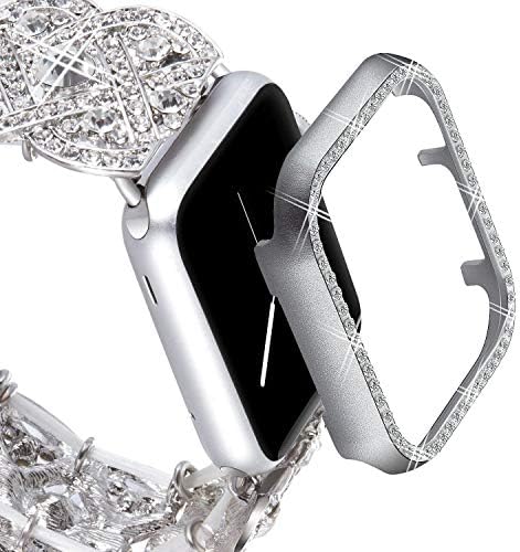 VIQIV Bling Protective Face Bumper Case Cover for Compatible with Apple Watch 38mm 42mm 40mm 44mm, Crystal Diamond Plate Frame Compatible with Apple iWatch Series 4 3 2 1 Silver