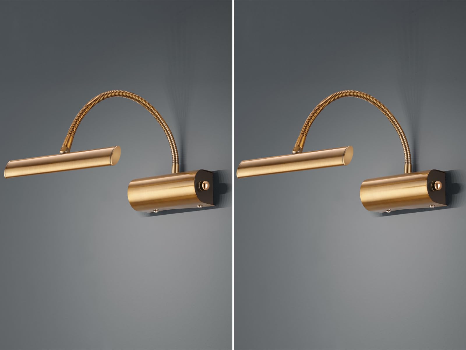 2 lampes modernes à LED - Idéales pour l'éclairage de tableaux - Avec bras flexible en laiton vieilli - Intensité variable via variateur rotatif