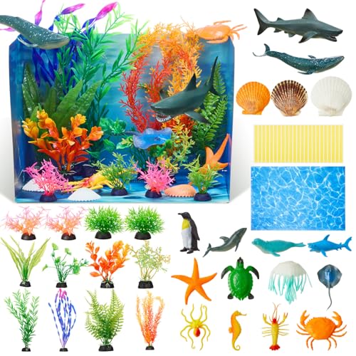 AmazingSpark 38 Pcs Ocean Diorama Kit Habitat Project Supplies Under the Sea Animals Figures Shark Fish Figures Artificial Coral Sea Grass with Diorama Box for Gifts Birthday Party Decorations