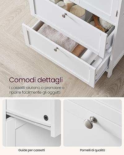 Vasagle Mobile Da Bagno, Mobiletto Da Bagno, Credenza Da Cucina, Armadietto Con 2 Cassetti E 2 Ante, Ripiano Regolabile, 30 X 60 X 110 Cm, Bianco BBC551P31 - 7