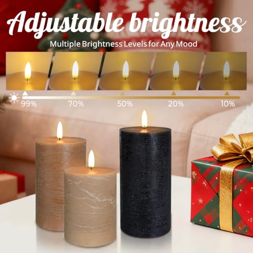 Image of LEDHOLYT Rechargeable Flameless LED Pillar Candles-Luminous Real Wax Indoor Home Decor-Set of 3, Realistic Flickering LED Flame,Remote & Timer, USB-Rechargeable(Caramel Beige)
