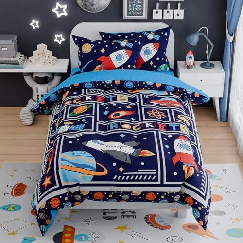 Image of SANDJEST Space Bedding Twin for Boys, Ultra Soft Microfiber Comforter Bed Set with 3-Pieces, Rocket Comforters Sets for Kids Children Teen Tween Bedroom Decor