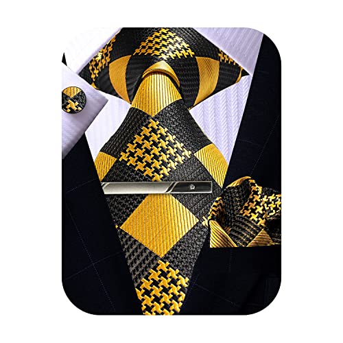 ROBERTO GABBANI Mens Yellow Tie Pocket Square Cufflinks Clip Set, Silk Woven Necktie with Handkerchief Clip