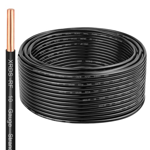 Image of THHN Wire 75 FT, Single Bare Copper Conductor, 10AWG Black Electrical Wire, Solid Building Wire 600V Nylon Sheath Cable for Indoor /Outdoor Applications