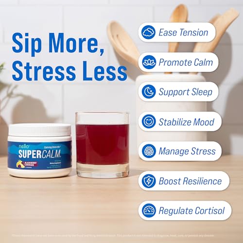 Image of Nello Supercalm Powdered Drink Mix Tub, Cortisol Reducer* and Sleep Aid Supplement, L Theanine, Ksm-66 Ashwagandha, Magnesium Glycinate, Vitamin D 3, No Sugar, Non GMO, 30 Ct, BlackBerry Lemonade