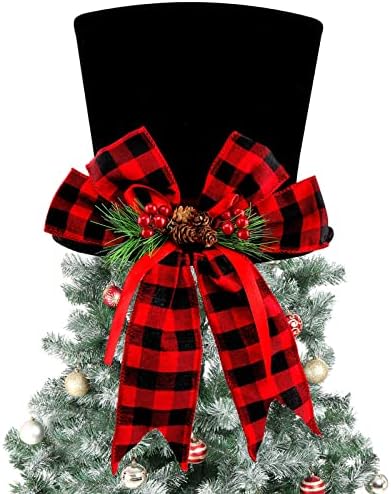 Christmas Tree Topper Hat, Farmhouse Christmas Decor Indoor Tree Ornament with Red Buffalo Plaid,Xmas Decorations Clearance Funny Tree Toppers Bow for Home Outdoor