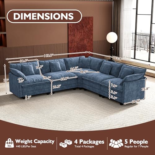 Image of Ihanherry 114 inch V-Shaped Modern Sofa Modular Sectional Cloud Couch with Corner Section, 5-Seat Chenille Deep Seat Sofa with 5 Pillows for Living Room, Bedroom and Apartment, Blue