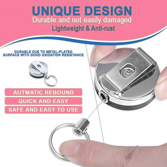 Image of AccuPrints Pack of 2 Heavy Duty Retractable Badge Holder with Key Ring, Chrome Metal, Professional ID Card Reel, Belt Clip Design