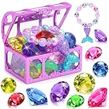 VGOFUN Diving Gems Pool Toys,10 Pcs Colorful Diamond with Treasure Chest Pirate Box Kids Swim Toys Acrylic Underwater Gemstone for Boys Girls Bath Toys Swimming Training Gift Water Pool Games