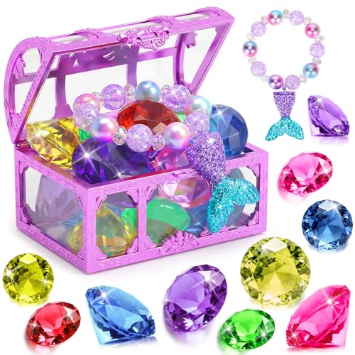 VGOFUN Diving Gems Pool Toys,10 Pcs Colorful Diamond with Treasure Chest Pirate Box Kids Swim Toys Acrylic Underwater Gemstone for Boys Girls Bath Toys Swimming Training Gift Water Pool Games