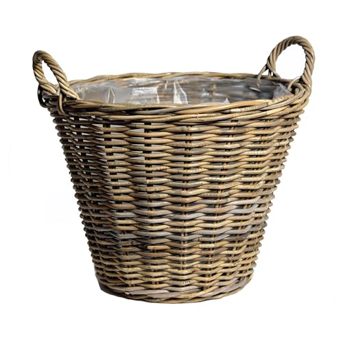 Spetebo Rattan Pflanzkorb Natur mit Henkeln - 34 cm - Weide Blumenkorb mit Folie - Garten Deko Flechtkorb Gartenkorb Weidenkorb Übertopf geflochten