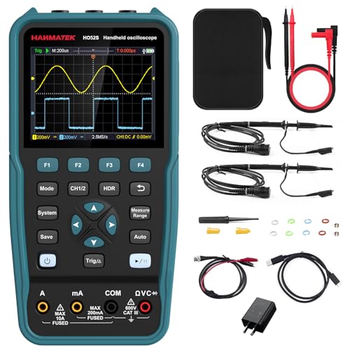 HANMATEK 3 in 1 Handheld Oszilloskop mit 2 Kanälen HO52S 3.5' TFT Oszilloskop,50Mhz Wellenform Generator Multimeter mit beleuchtetem Bildschirm,Auto-Kalibrierung Funktion,Memory-Funktion, Multi Tester