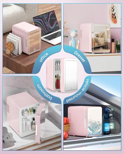 Image of CUTIEWORLD Skincare Fridge with Dimmable LED Light Mirror, 4L Mini Fridge For Desktop, Travel or Cool & Heat, Makeup Fridge for Cosmetics, Skin Care and Food, Pink
