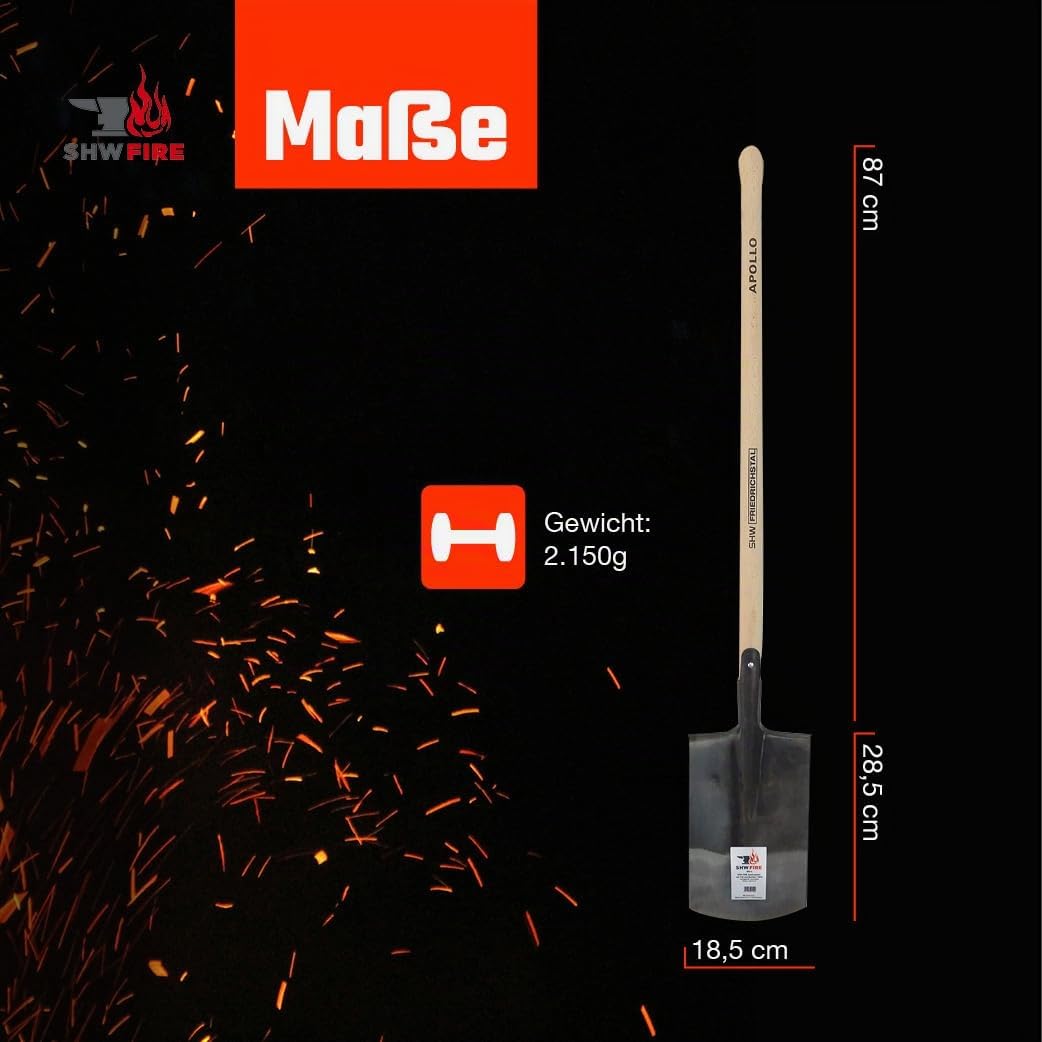 SHW-FIRE Apollo-Spaten - 1/2 poliert, umgebogener Tritt und Buchenstiel | Made in Germany | Für Garten- & Erdarbeiten |Umgraben & Ausheben | Halbpoliertes Blatt| Mit Tritt | Schmiedequalität