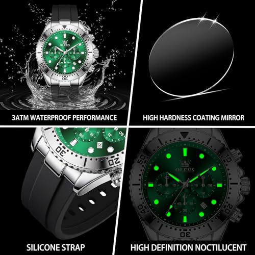 Image of OLEVS Men's Watches Sport Chronograph Analog Quartz Watch for Men with Date Waterproof Dress Casual Fashion Watch Soft Silicone Rubber Strap Band, Unidirectional Bezel & 42mm Big Face